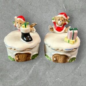 Vintage Homco porcelain Christmas bear covered trinket boxes set of 2